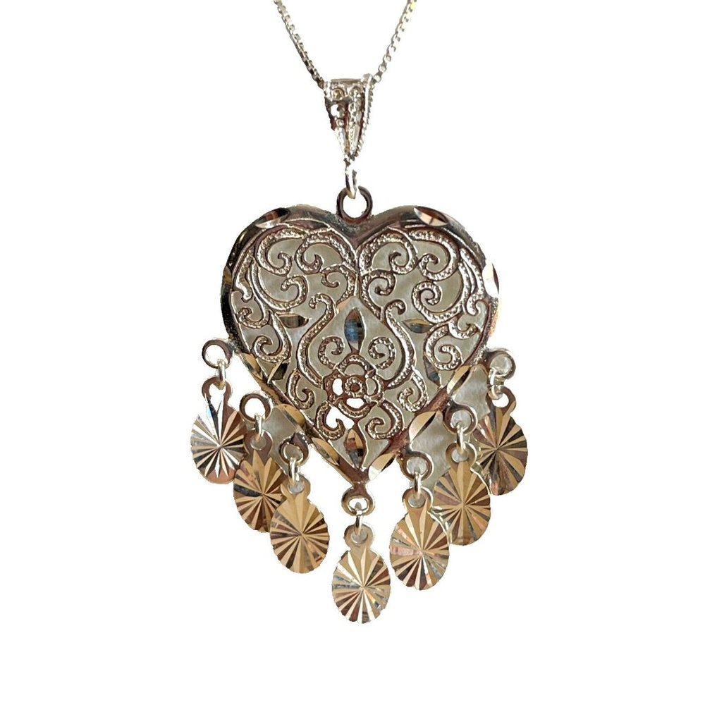 Valentine Dangling Heart Sterling Filigree Necklace 925 Turkey 16" - Picture 15 of 15